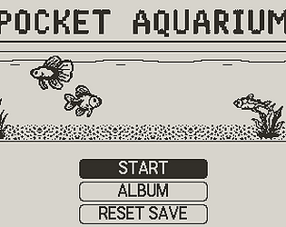 Pocket Aquarium title screen with fish swimming in a 1-bit aquarium