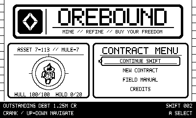 OREBOUND Playdate contract menu showing debt and shift details
