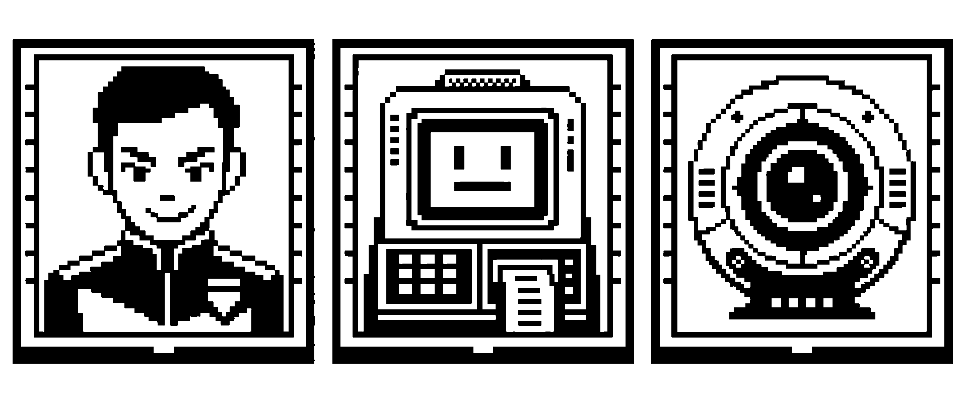 OREBOUND black and white character, terminal, and scanner concept panels