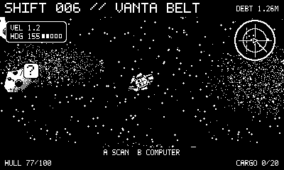 OREBOUND ship scanning an asteroid in the Vanta Belt
